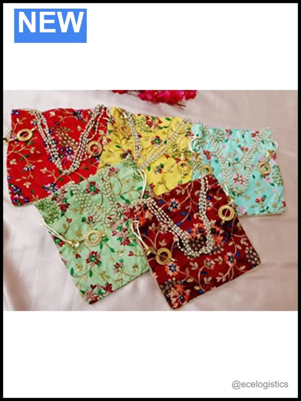 Handmade Embroidered Silk Potli Bag Pearl Handle Drawstring Clutch for Weddings